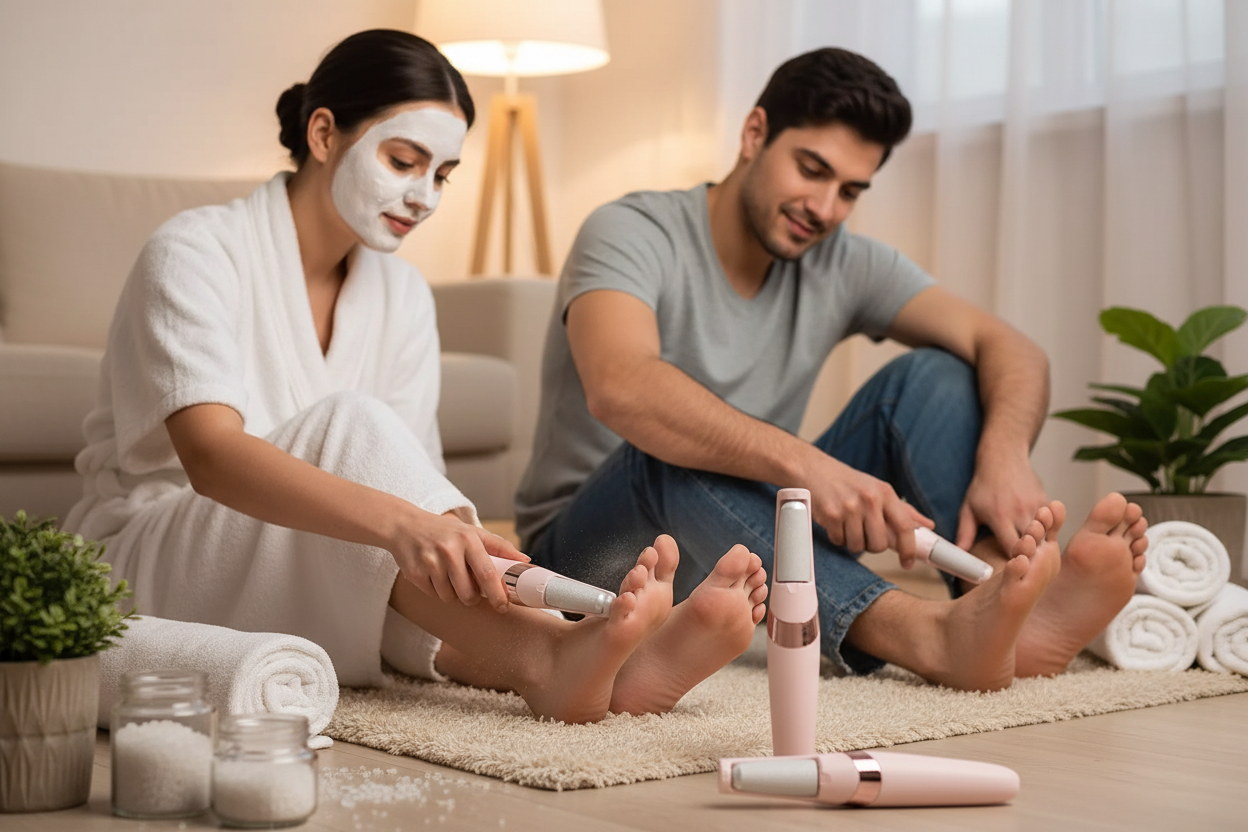 Woman and man each using electric callus remover on themselves